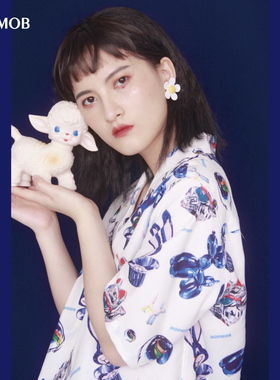 NOPMOB原创复古衬衣夏季玩具招财猫小众设计感宽松夏威夷花衬衫女