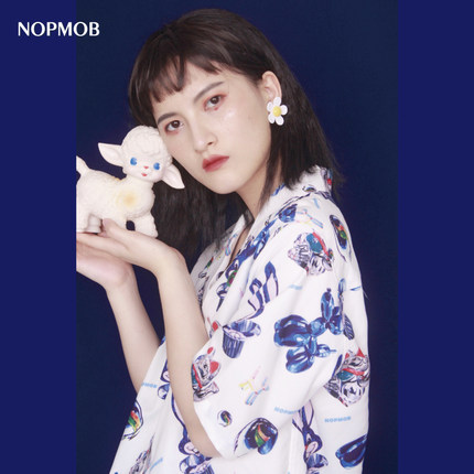 NOPMOB原创复古衬衣夏季玩具招财猫小众设计感宽松夏威夷花衬衫女