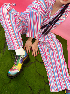 套装 蓝玫红色原创设计褶皱宽松慵懒显瘦阔腿裤 女 蓝莓彩虹 NOPMOB