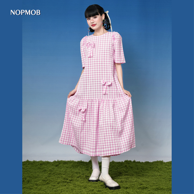 NOPMOB粉色格子蝴蝶结短袖连衣裙