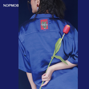 衬衫 宽松慵懒原创新款 衣2023夏 克莱因蓝缎面真丝质感韩式 NOPMOB