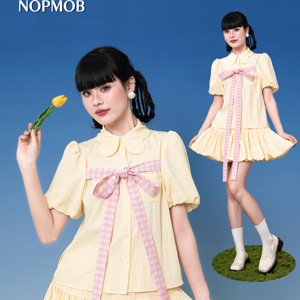 NOPMOB 奶黄小蛋糕 可可爱爱粉色蝴蝶结套装衬衫连衣裙短袖裙夏女