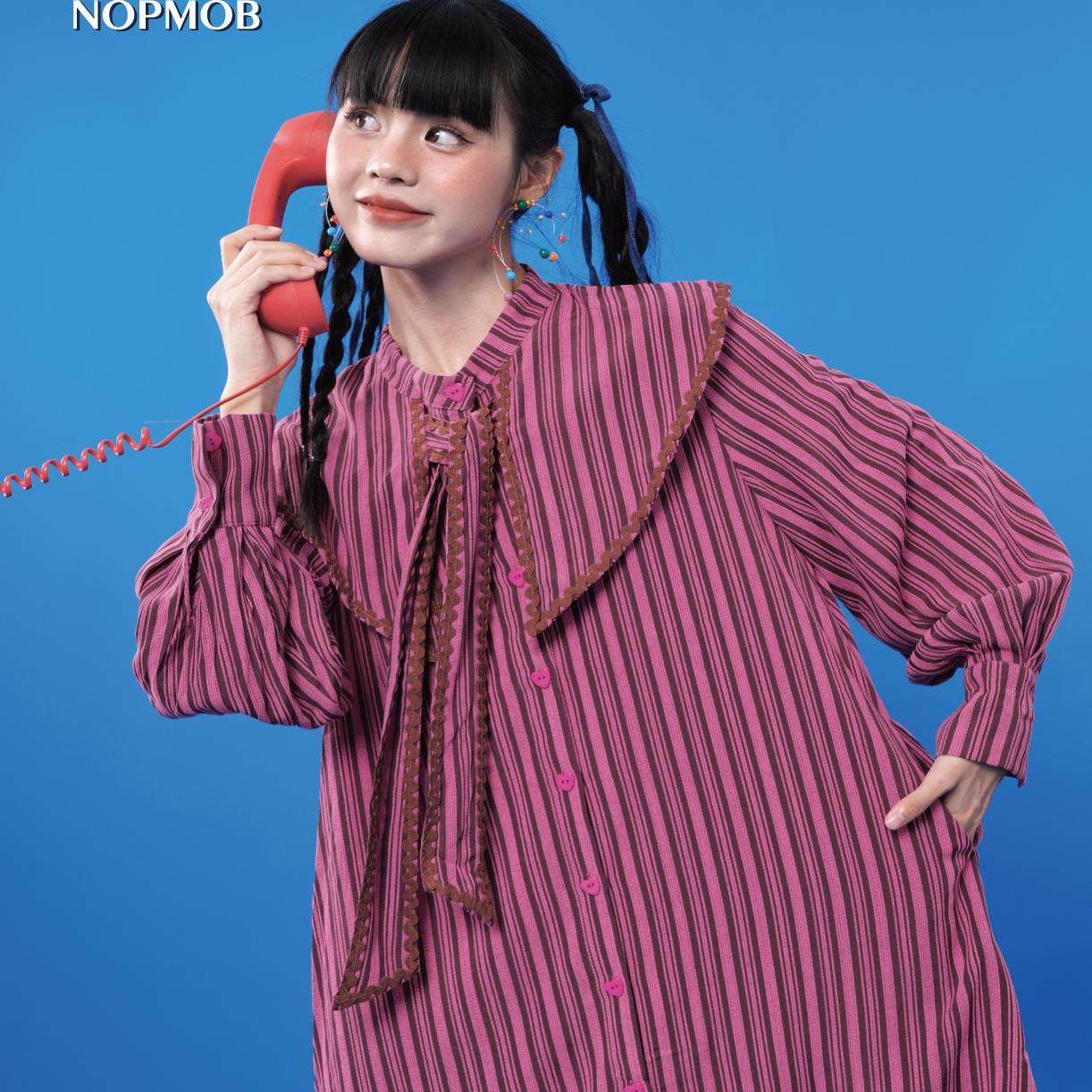 NOPMOB 树莓浆果 复古条纹小个子娃娃领宽松显瘦长袖衬衫连衣短裙