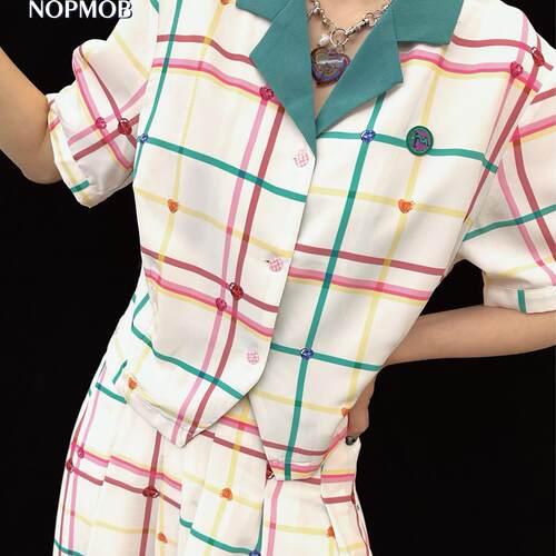 NOPMOB钻石心彩虹色格子复古原创设计感短袖衬衫两件套装连衣裙女