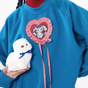 NOPMOB 爱心花边复古蓝色加绒加厚保暖宽松大卫衣 可爱小猫印花