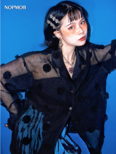 夏立体花朵透明防晒衬衫 原创复古透气长袖 上衣 黑色毛毛球 NOPMOB