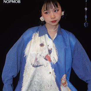 开衫 NOPMOB 衬衫 原创设计复古手绘猫咪印花宽松长袖 上衣 猫猫狗狗