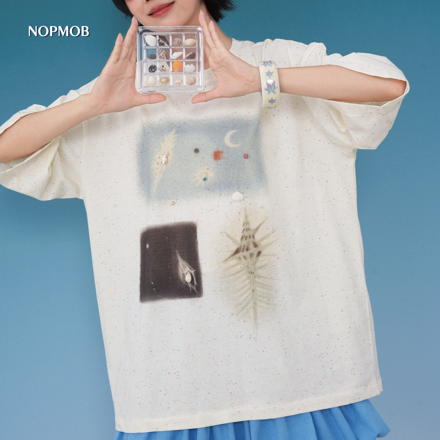 NOPMOB 「壳」插画师板板联名 海螺星星月亮印花宽松大码短袖T恤