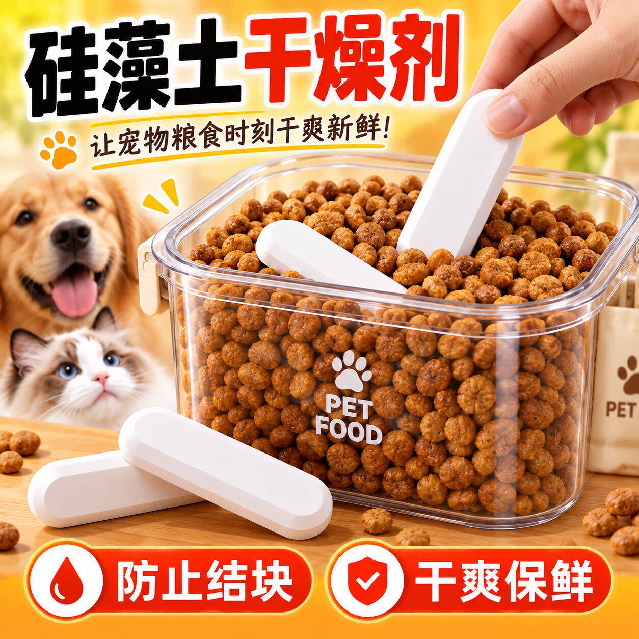 宠物干燥剂猫粮狗粮密封兔粮储粮桶食品零食硅藻土除湿防潮条用品