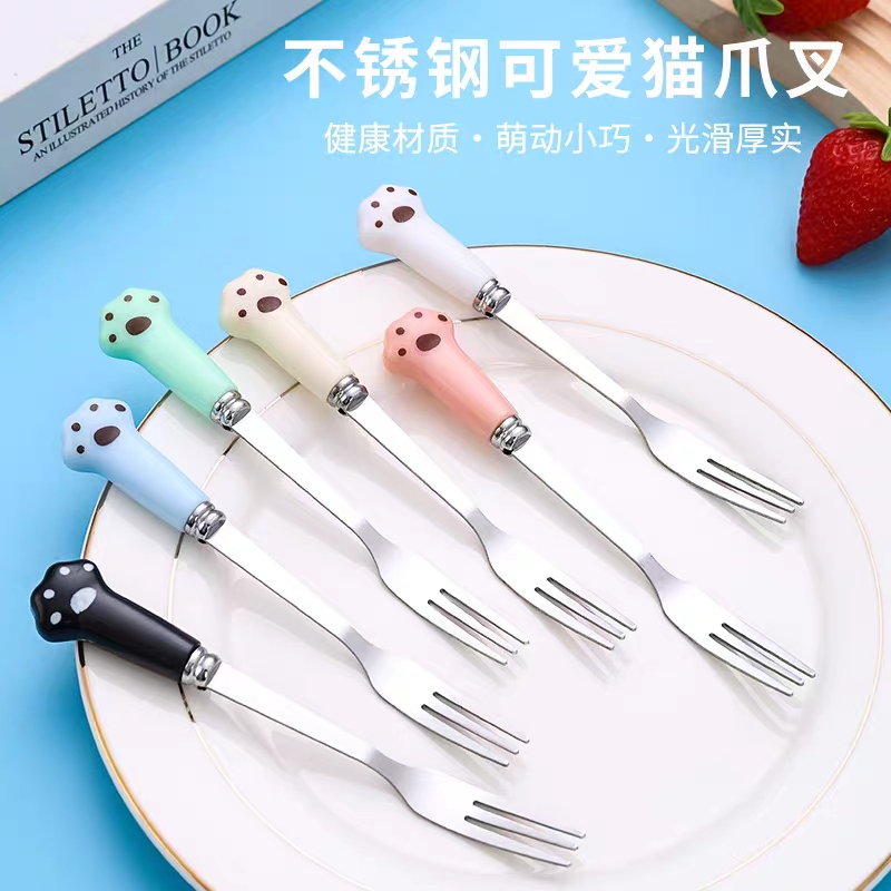 不锈钢水果叉子蛋糕甜品叉水果签月饼叉创意猫爪短柄勺子小巧卡通