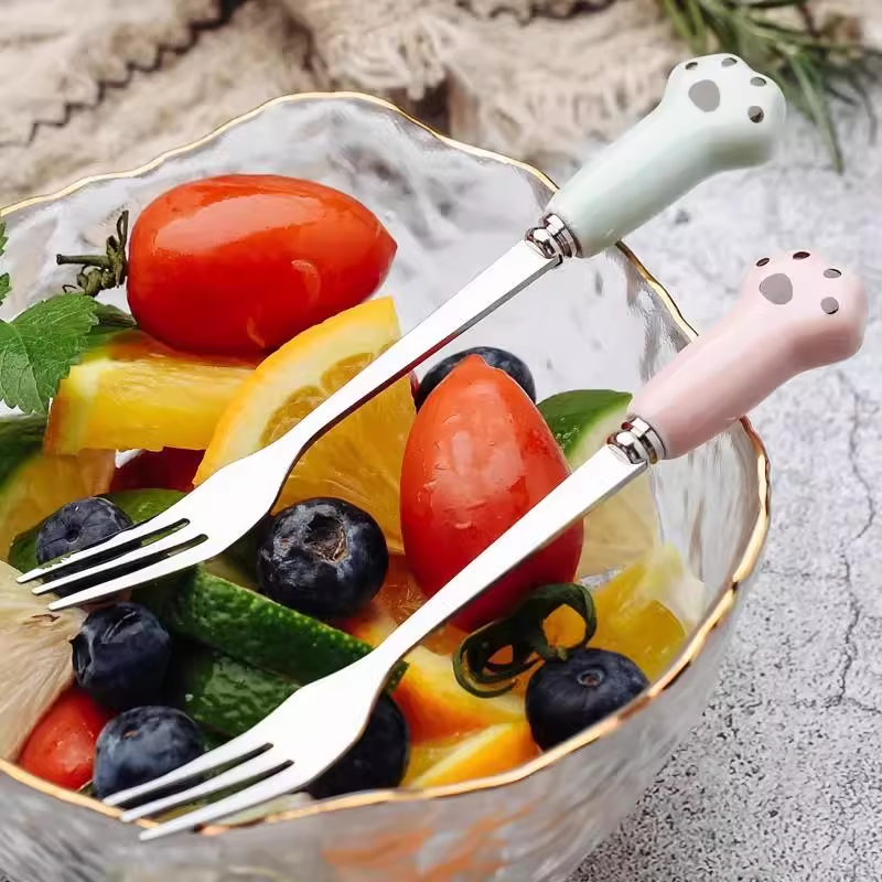 不锈钢水果可爱套装猫爪甜品儿童创意蛋糕叉子月饼家用高档ins