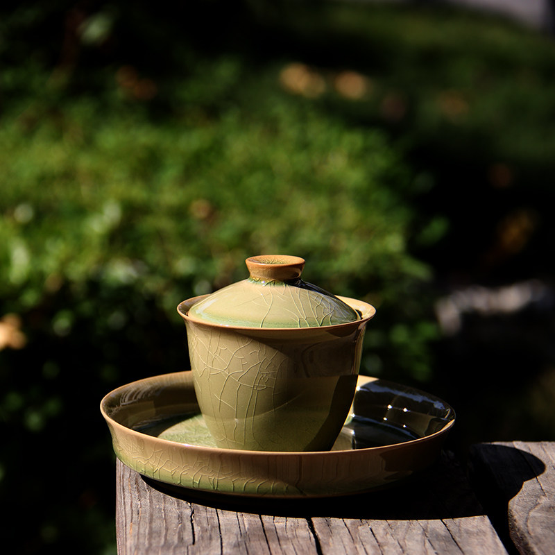 开片养线冰裂瓯窑大托盖碗青瓷陶瓷功夫茶具敬茶杯壶承三才杯茶备