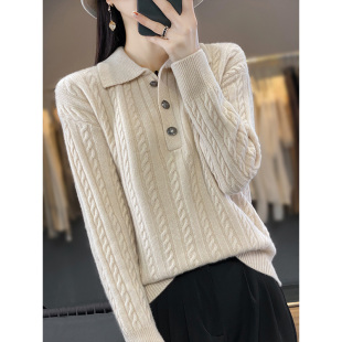 冬季 新款 纯色山羊绒衫 女POLO领麻花加厚套头毛衣羊毛打底针织衫