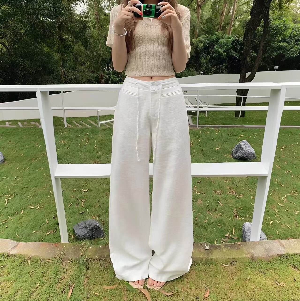 新款白色亚麻阔腿裤女夏垂感遮肉