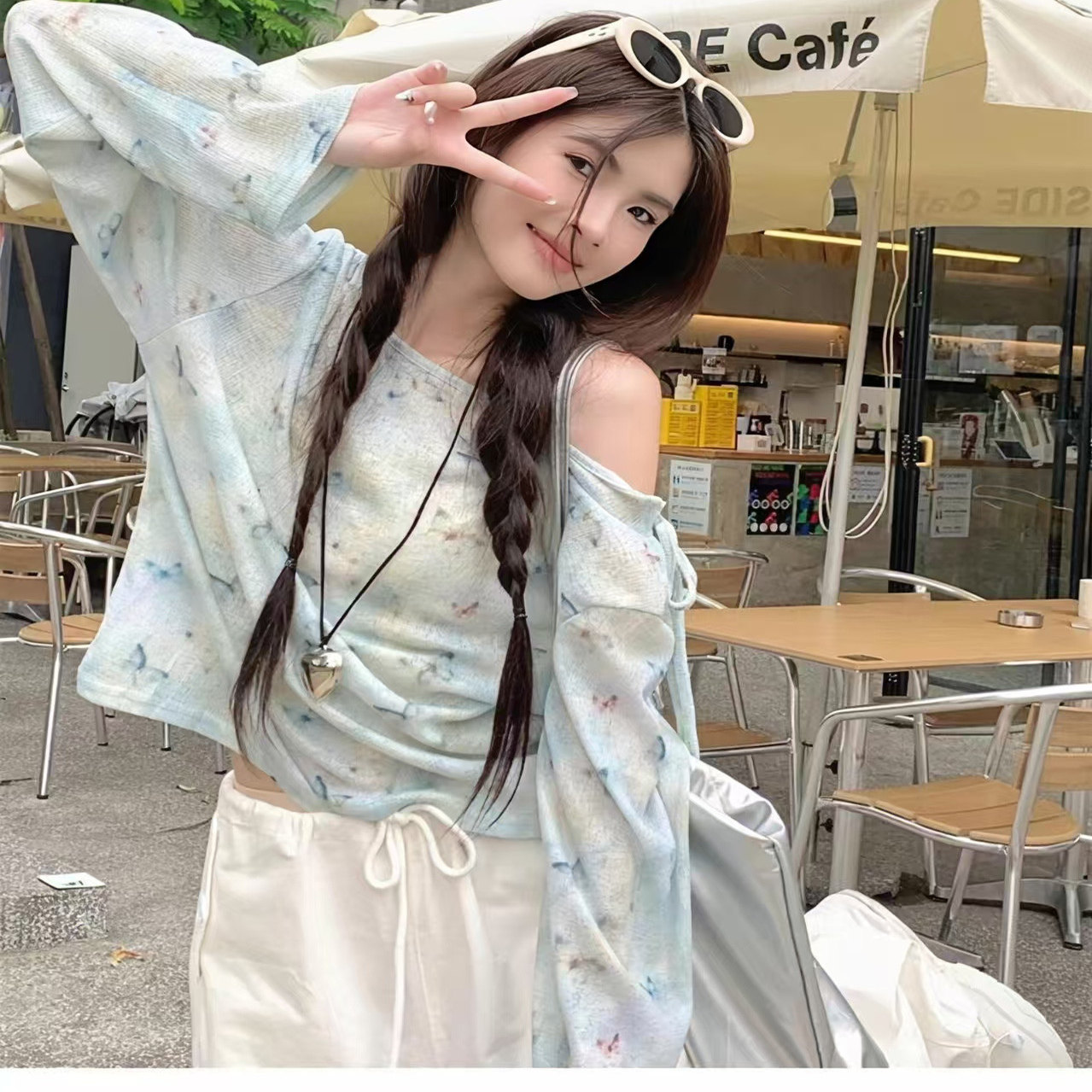 韩系露肩慵懒风长袖女2025新款夏秋季薄款小众甜美小个子学生上衣