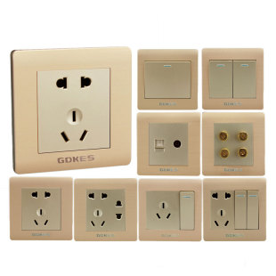 粤奇胜土豪金拉丝五孔单控开关插座面板86型暗装家用双控多控