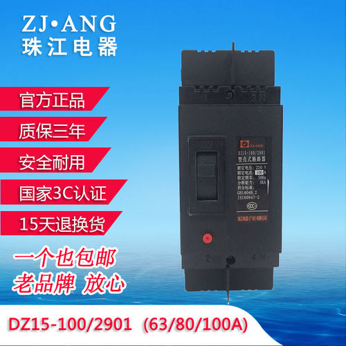 广东珠江DZ15-100/2901塑壳断路器2P空气开关63A100A220V两相