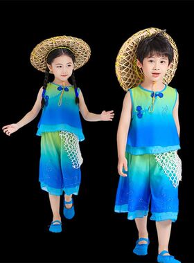 青青竹儿小儿垂钓演出服舞蹈小板凳子斗笠道具弄堂记忆演出服儿童