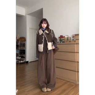 Seoulmate7美拉德复古翻领马甲背心休闲长裤女春季宽松叠穿打底衫