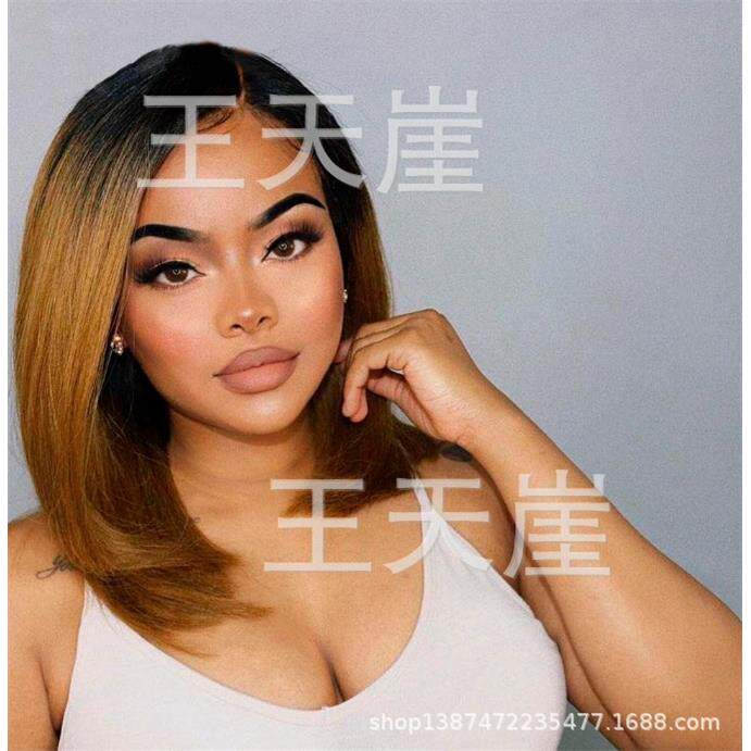 新款直销2020欧美新款假发女 短直发偏分BOB染色黑色渐变金色假发
