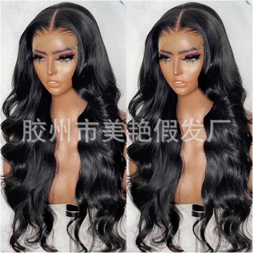 新款直销欧美非洲化纤大波浪卷发假发 时尚前蕾丝网帽黑色假发女