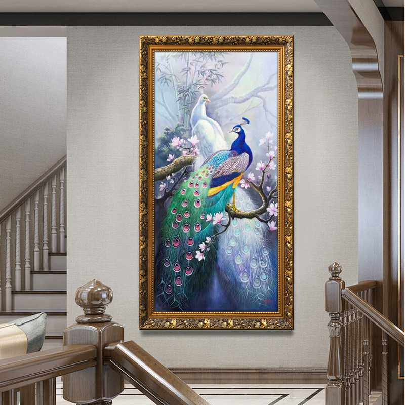 新款直销2020新款5d钻石画满钻客厅竖版玄关富贵花开孔雀贴钻十字
