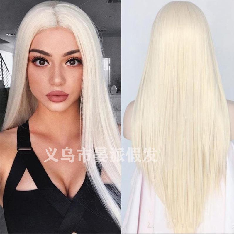 新款直销欧美假发女士中分长直发原宿淡金色化纤发节日装扮表演假
