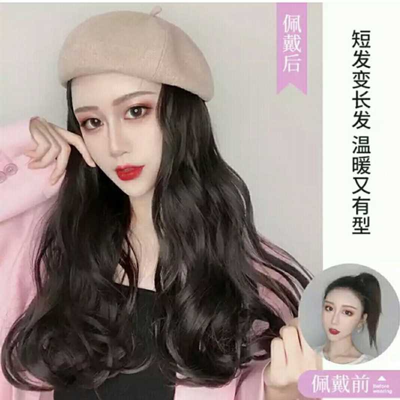 新款直销贝雷帽假发女长发南瓜帽子假发一体大波浪卷发可拆卸头套