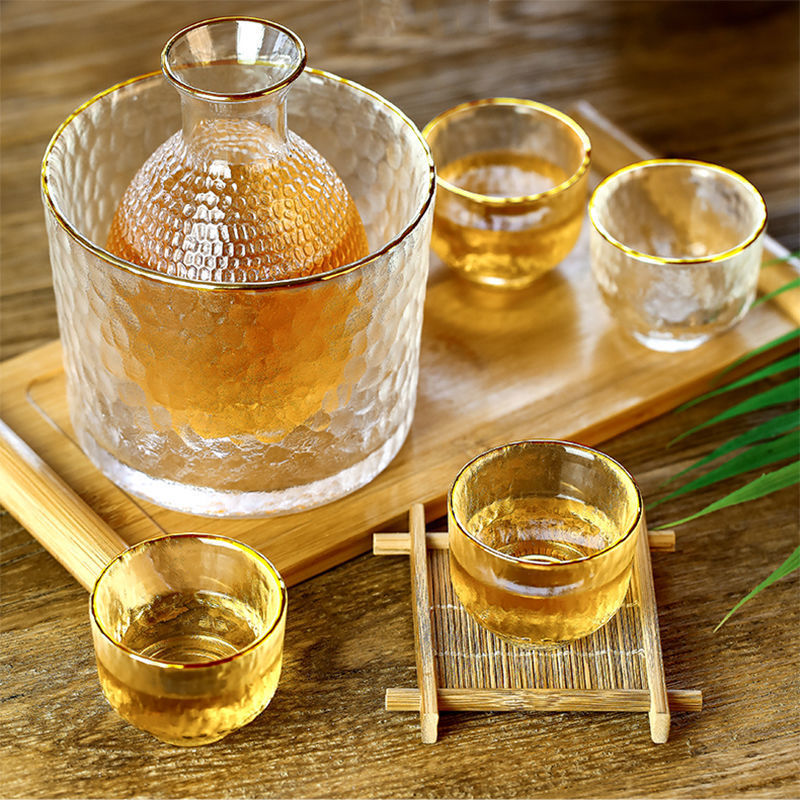锤纹款清酒壶套装新款孔雀蓝一壶四杯一缸清酒壶批发温酒多用