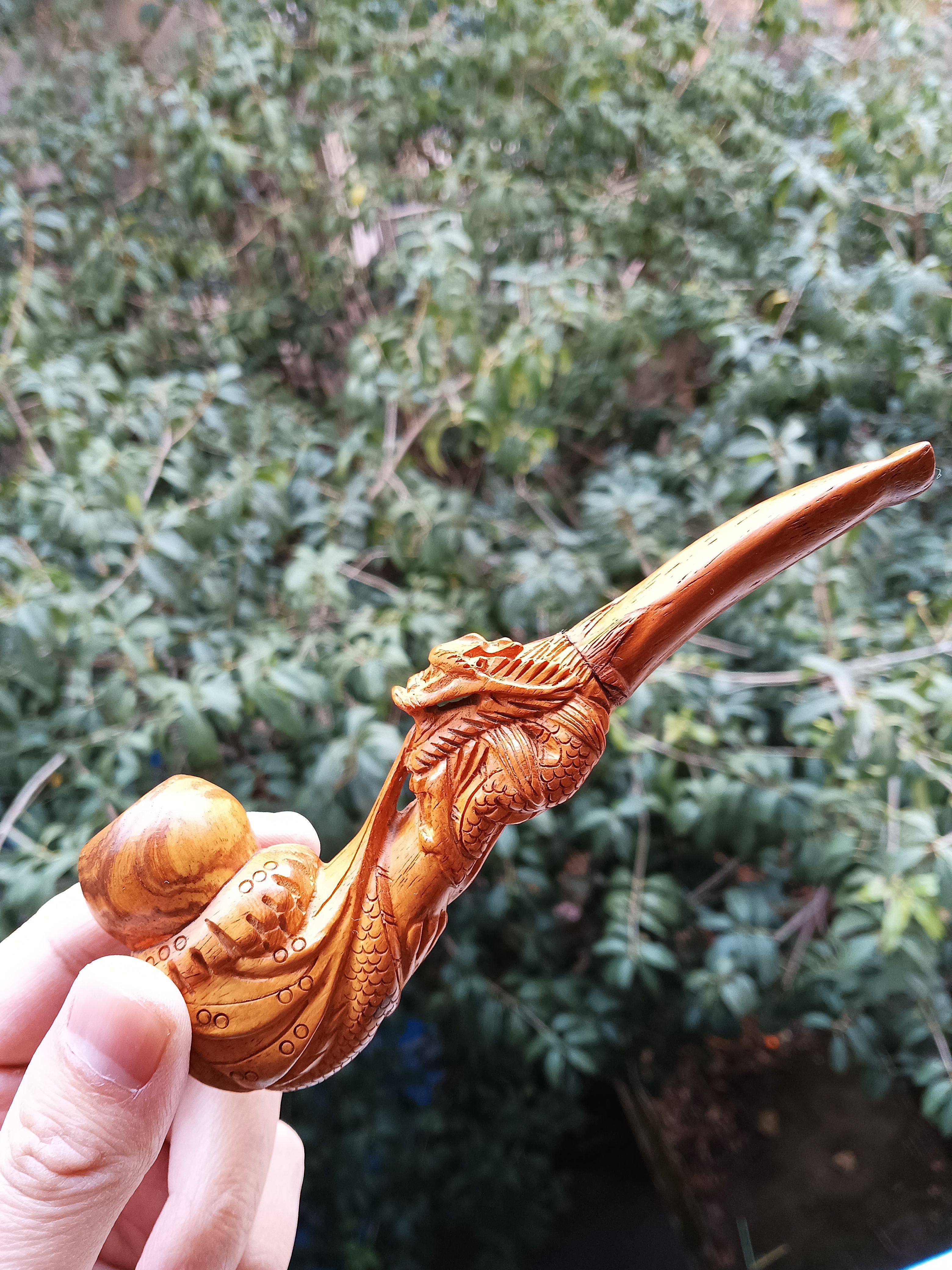 烟斗世家 红木工艺烟斗雕龙烟嘴收藏鉴赏把玩黄花梨老料一物一拍