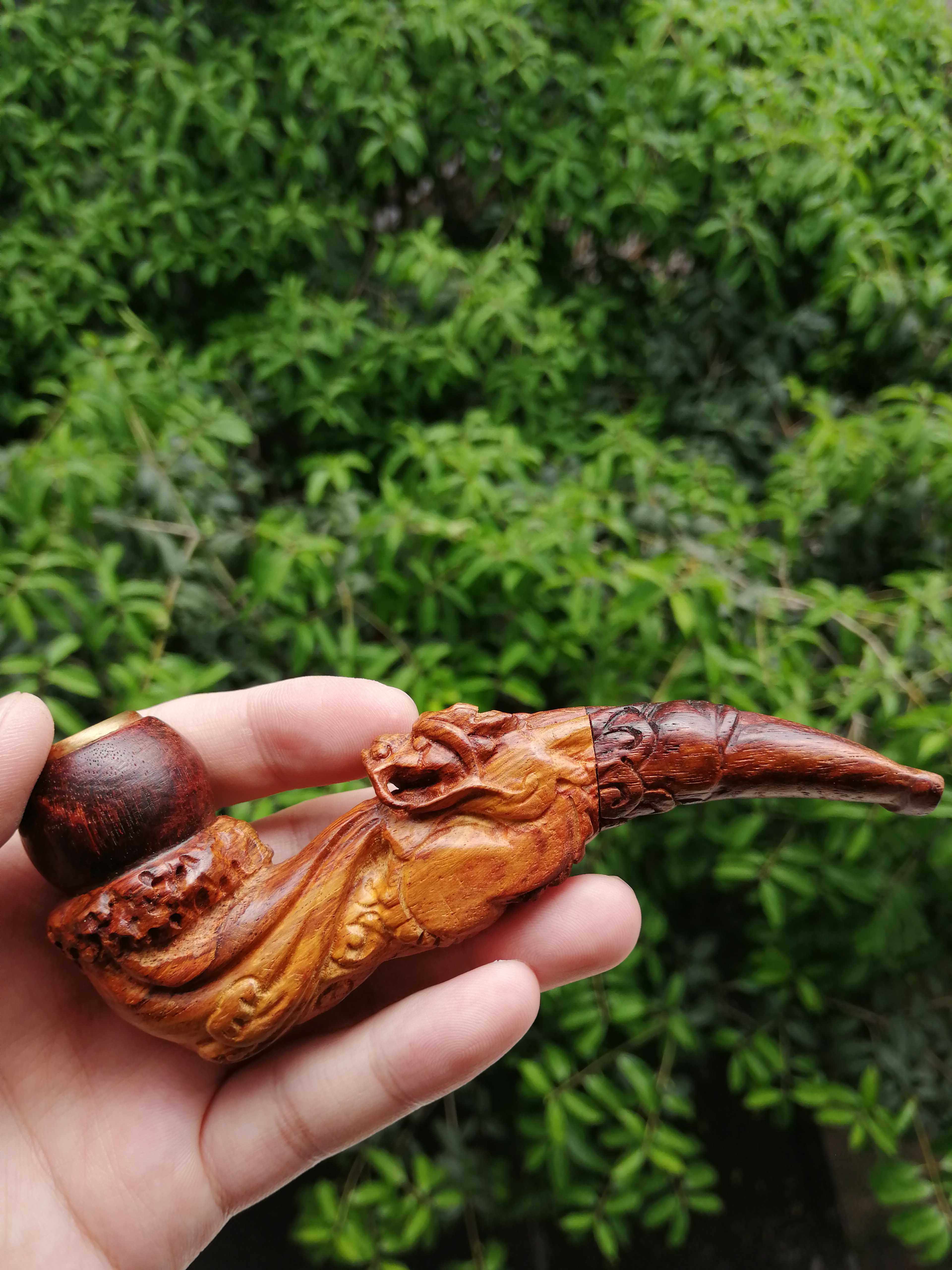 烟斗世家 越南黄花梨糠梨雕龙烟斗红木烟嘴孤品收藏把玩一物一拍