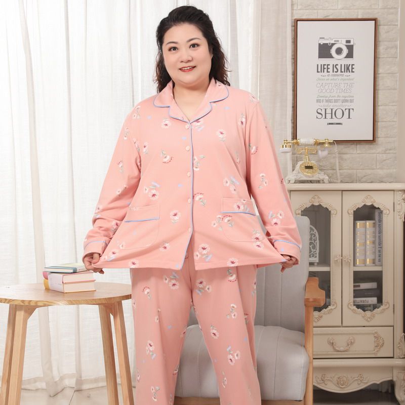 女士春秋款睡衣纯棉加肥前扣中年