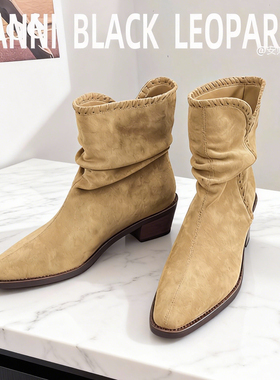 安妮黑豹正品西部堆堆靴女尖头骑士中筒短靴高跟瘦瘦美拉德马丁靴
