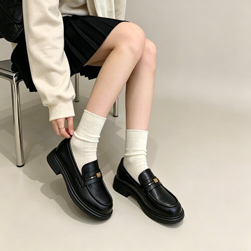 安妮黑豹英伦风3cm厚底乐福鞋女