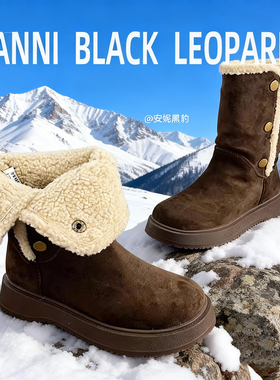 安妮黑豹专柜正品厚底毛毛加绒加厚保暖棉鞋中筒保暖雪地靴女冬季