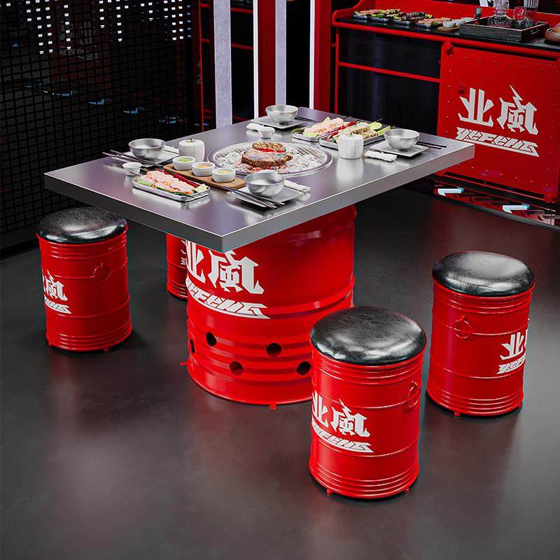 定做铁艺餐桌油桶桌椅组合韩式网红火锅烧烤店商用不锈钢炭火烤肉,商业/办公家具,烤肉桌,淘宝优惠券,粉丝福利购,淘宝优惠卷
