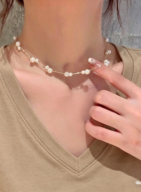 不掉色不致敏多层珍珠母贝锁骨链