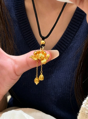 不致敏高保色莲花流苏黑绳项链