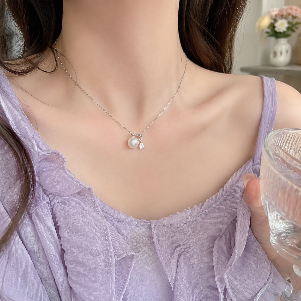 不掉色珍珠闪钻锁骨链女轻奢百搭
