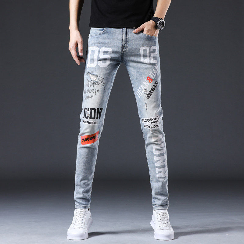 2026秋季男士印花牛仔裤男潮牌弹力小脚裤潮流个性显瘦修身紧身裤