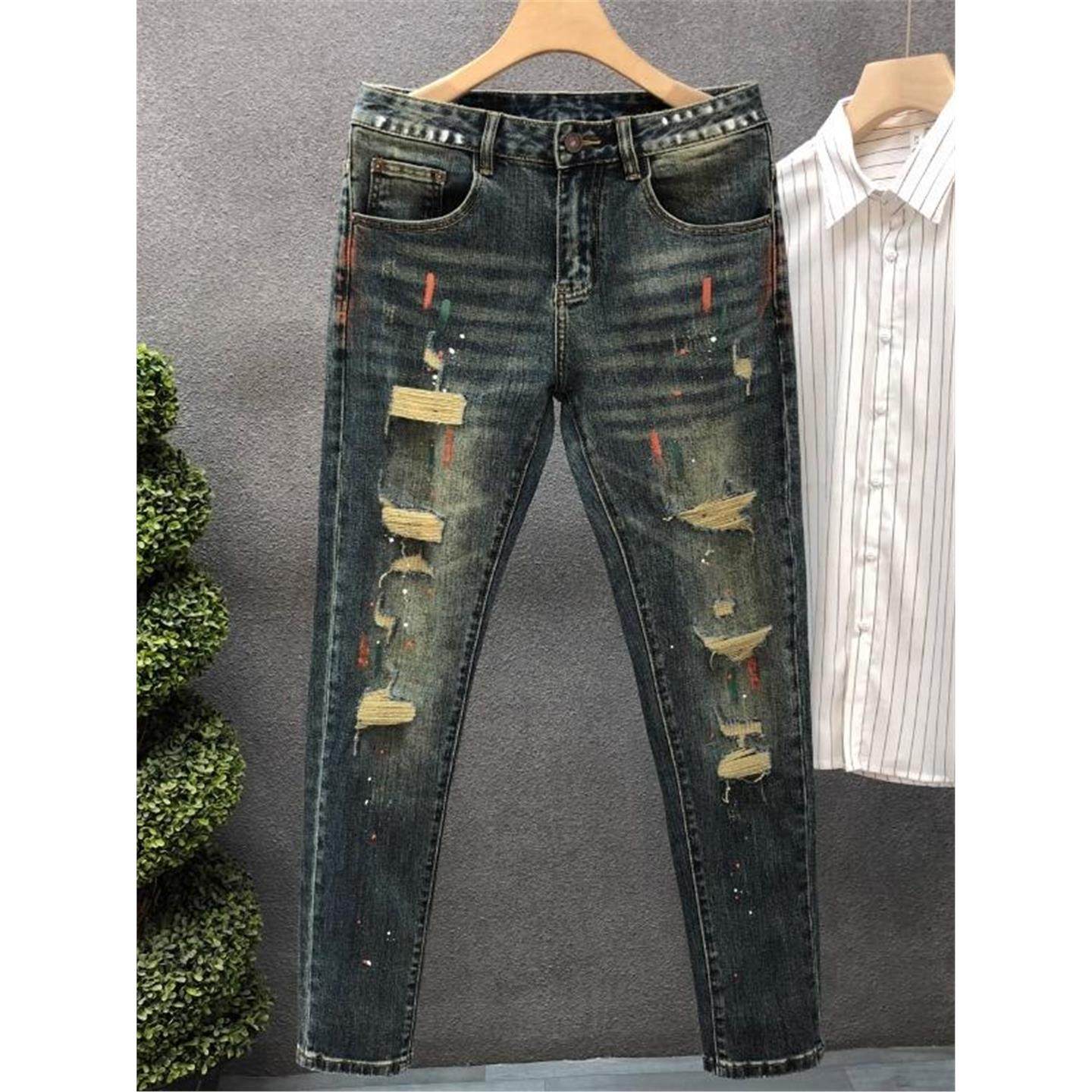 高级感油漆泼墨牛仔裤男士