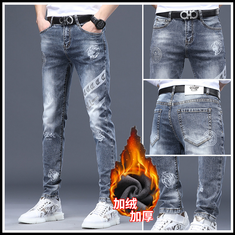 欧货印花牛仔裤男秋冬季加绒潮牌男装潮流修身小脚男士紧身长裤子