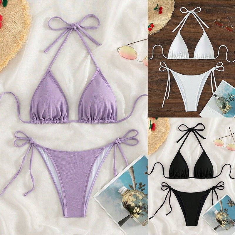 欧美纯色抹胸沙滩比基尼三角分体泳衣泳装海边度假看海穿拍照写真