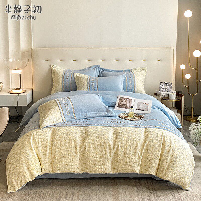 2023新款玛奇朵刺绣拼接牛奶绒小香风四件套秋冬床上用品床品套件