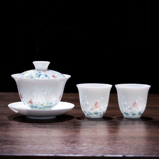 羊脂玉瓷手绘三才盖碗家用茶杯玲珑瓷高档陶瓷功夫茶具 2025新款