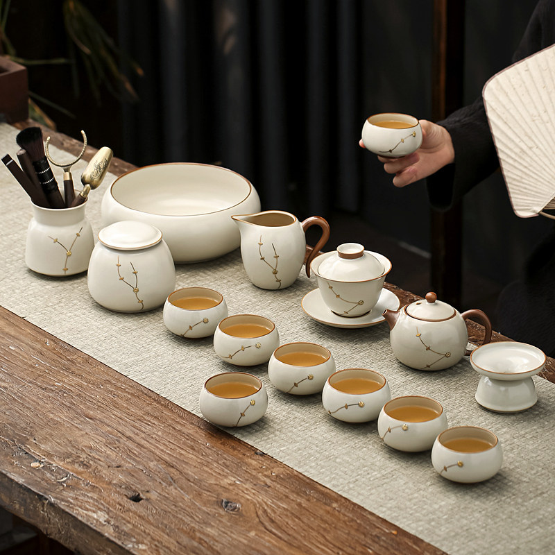 汝窑茶具套装家用2026新款功夫茶杯茶壶办公室轻奢高档锔钉礼盒装