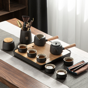 家用客厅陶瓷干泡茶盘轻奢小套茶杯黑陶功夫茶具高档 介屋茶具套装