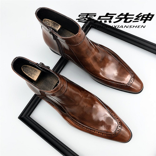 新款英伦风尖头靴子男真皮开边珠高档漆皮商务短靴拉链潮流马丁靴