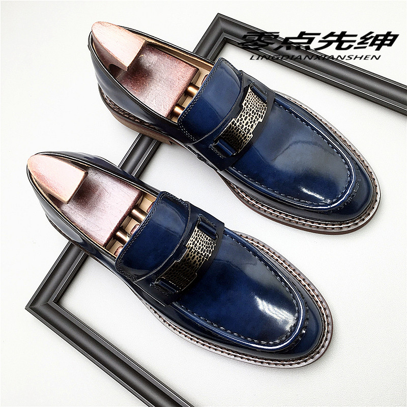 新款厚底皮鞋男青年潮鞋亮面开边珠高端牛皮一脚蹬商务正装休闲鞋