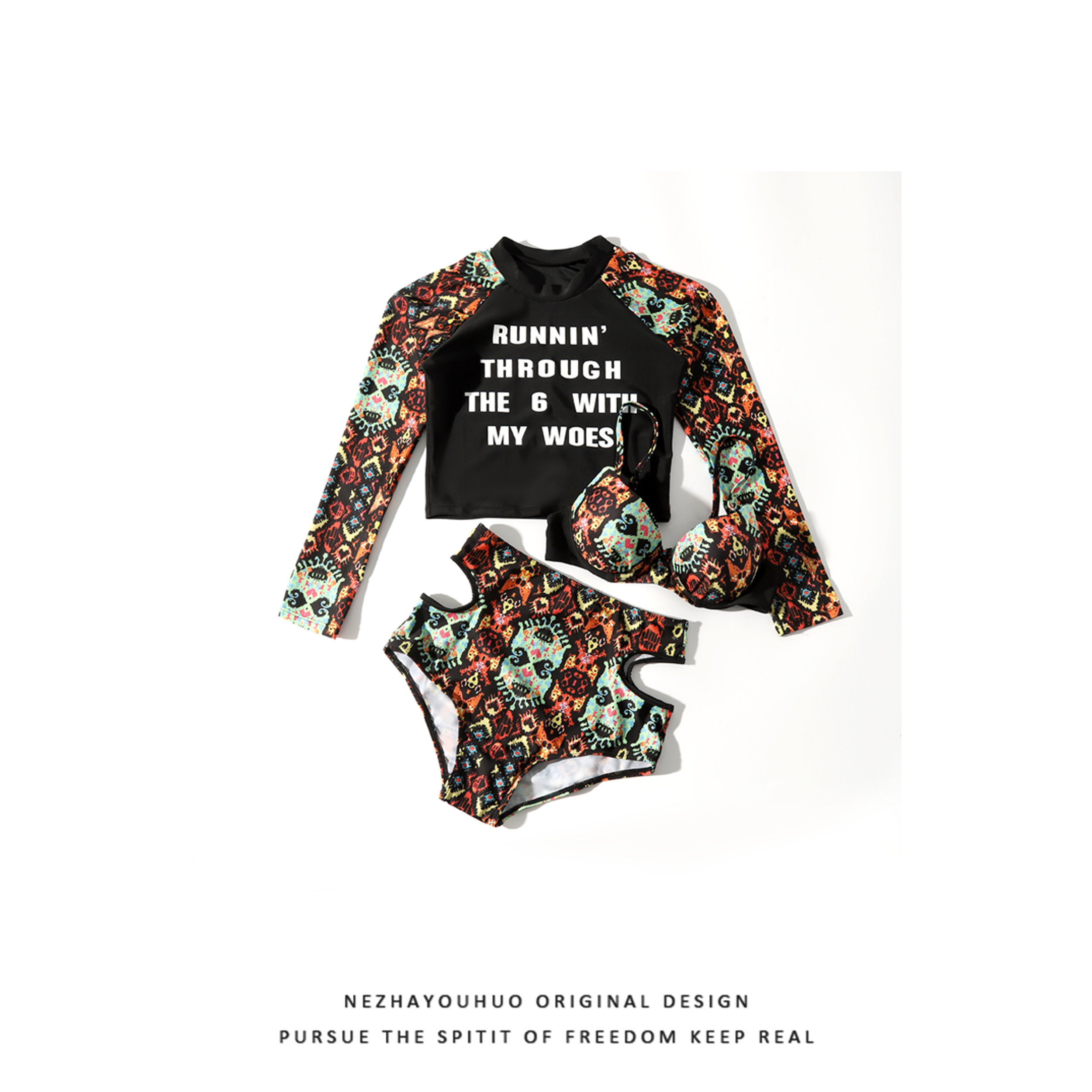 GM泳衣女夏分体运动保守高腰遮肚显瘦长袖钢托小胸聚拢温泉游泳衣